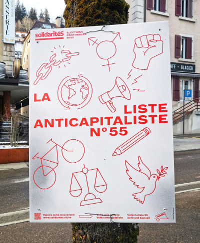 Wahlplakat mit dem Kampagnenslogan und Illustrationen, die die Themen der Kampagne veranschaulichen.