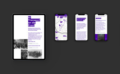 Ein Tablet und drei nebeneinander angeordnete Smartphones zeigen verschiedene Seiten der Website.